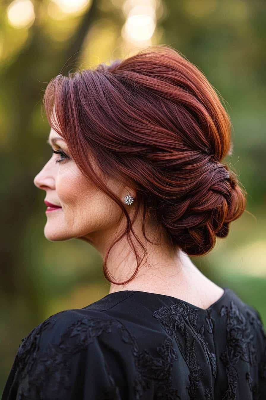 Elegant woman in an intricate updo, showcasing natural beauty and grace in serene outdoor setting.