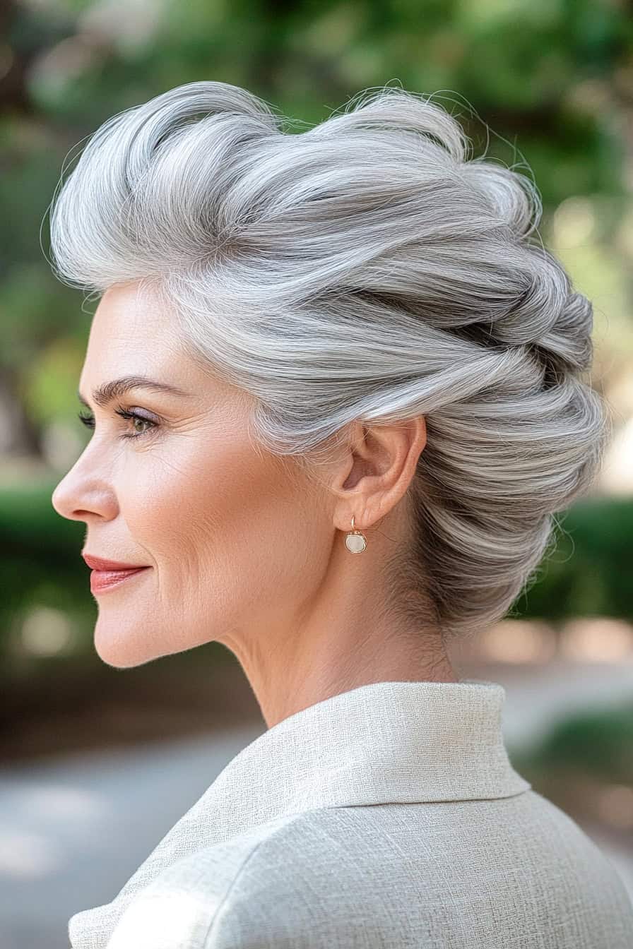 Woman with elegant silver French twist hairstyle, exuding timeless sophistication.