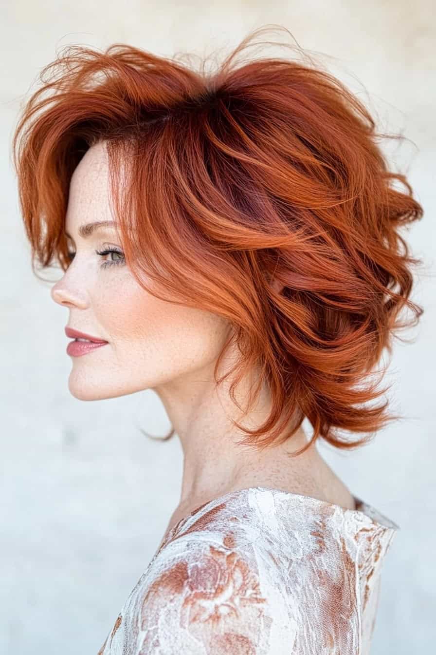 Woman with fire red hair styled in feathered layers, adding natural volume and elegant softness.