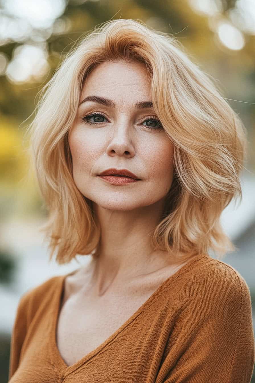 Woman with flowing blonde hair styled in an effortless layered cut, adding depth and easy management.