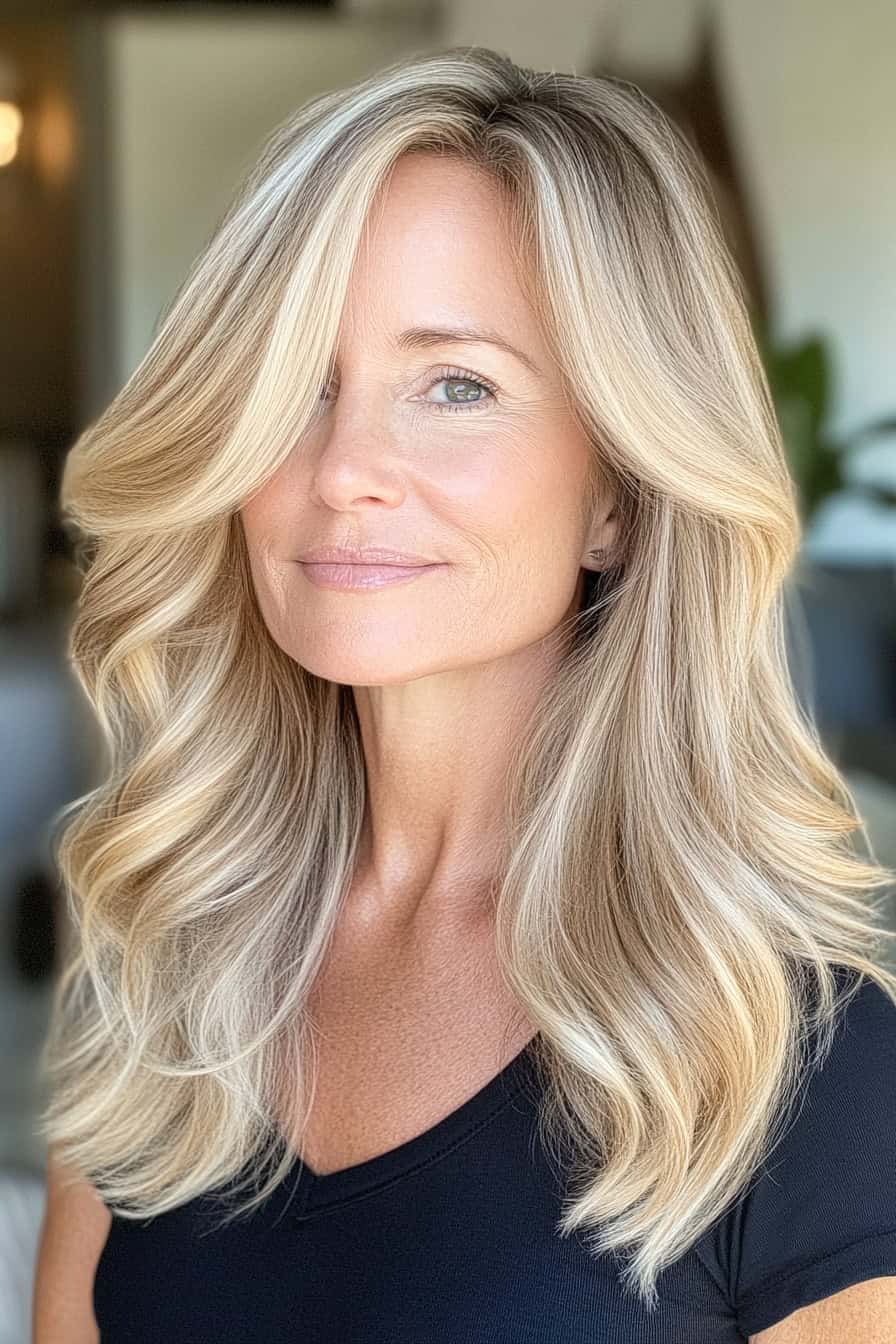 Woman with flowing blonde waves styled in sandy blonde color, exuding a beachy and relaxed vibe.