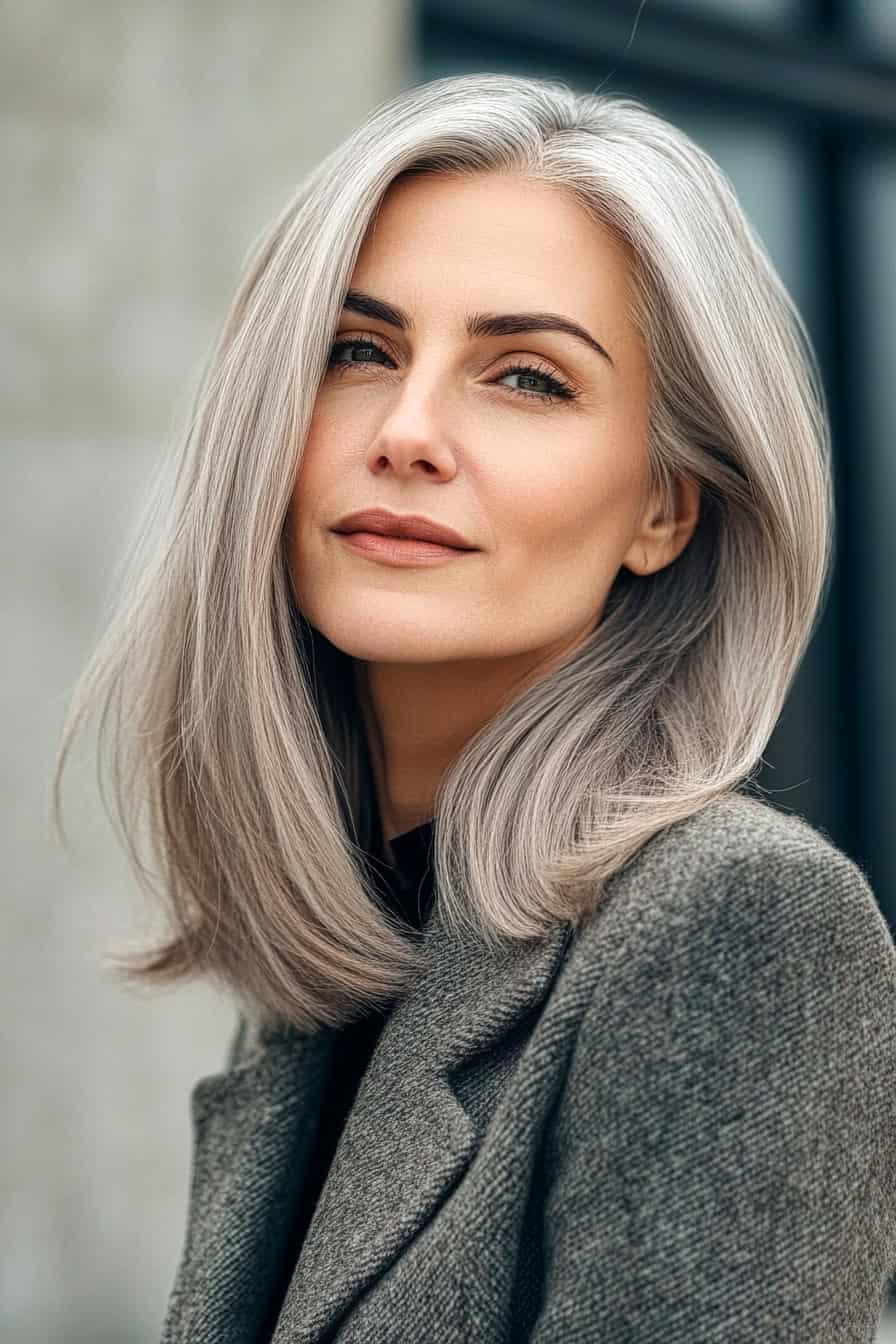 Woman with flowing gray locks styled in a timeless long bob, exuding sophistication and grace.