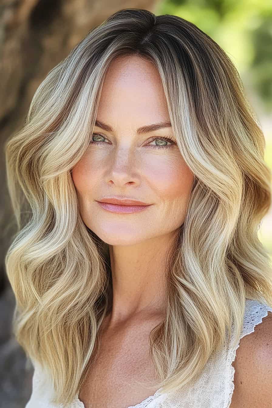 Woman with flowing wavy hair featuring bold ombre with dark roots transitioning to light ends, showcasing a striking look.