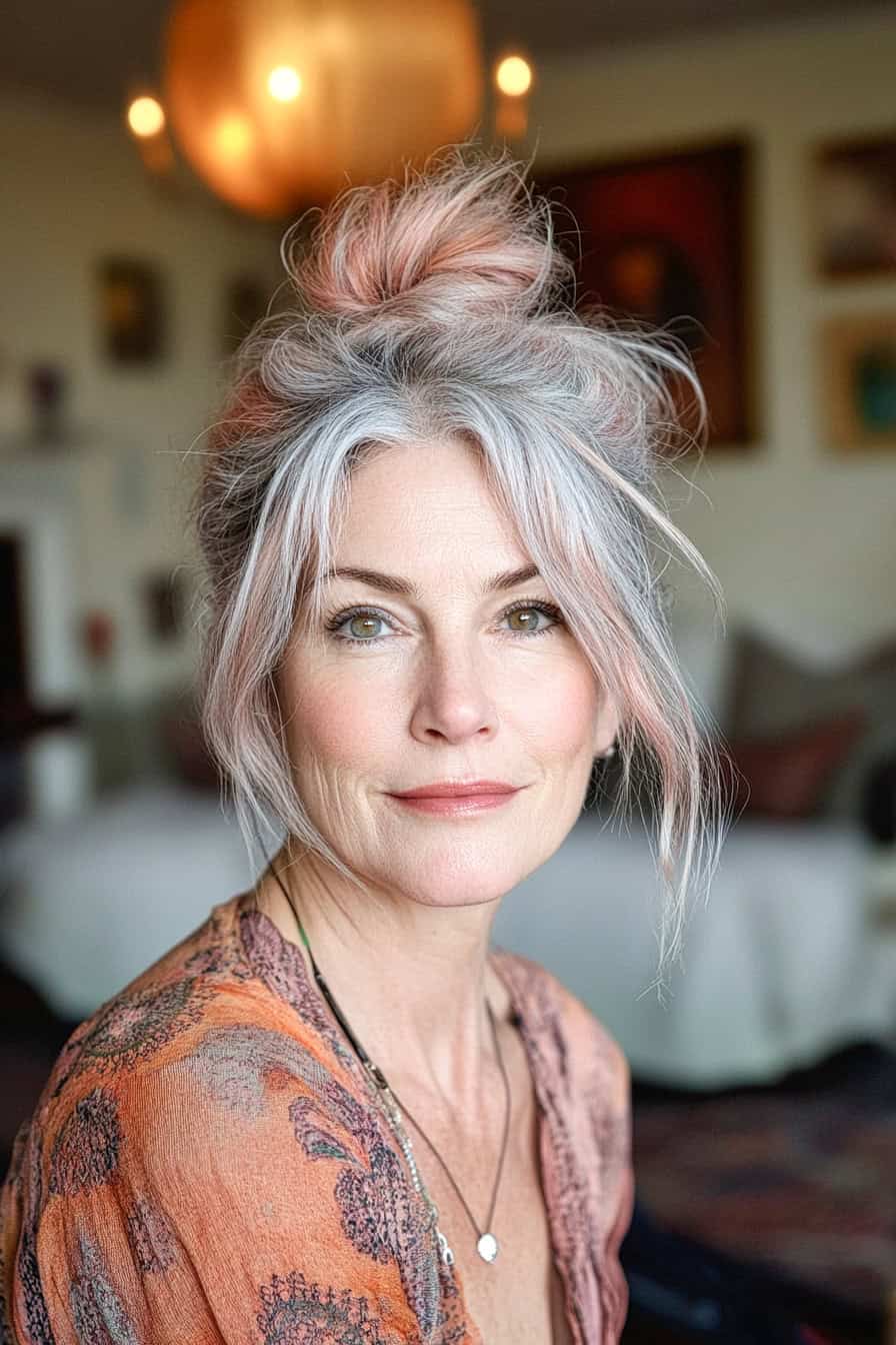 Woman with gray and pink tousled hair styled in a messy updo, adding a carefree and stylishly playful look.