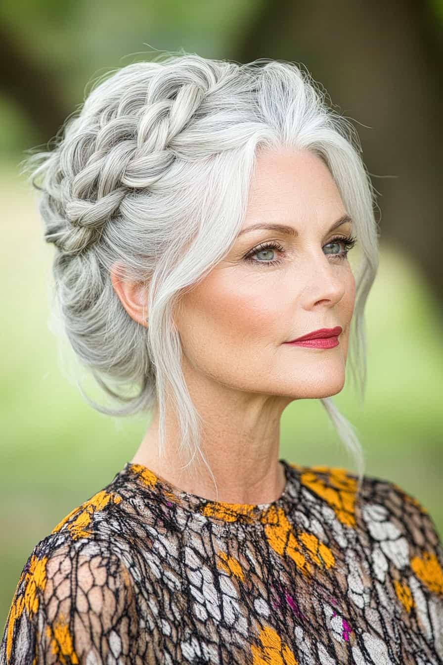 Woman with grey braided updo featuring elegant accents, creating a boho-chic and glamorous look.