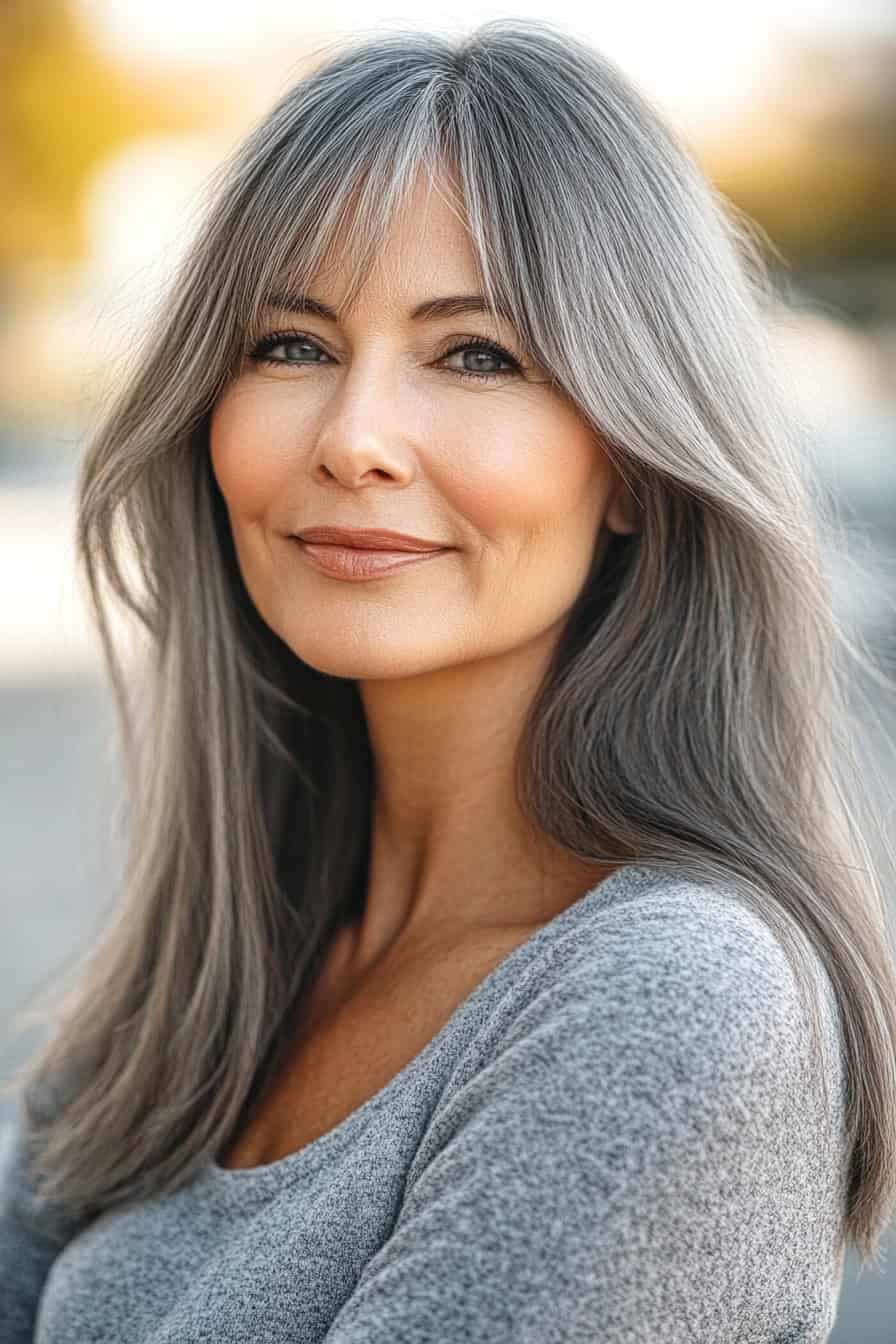 Woman with soft gray flowing hair featuring soft face-framing bangs, adding elegance to her look.