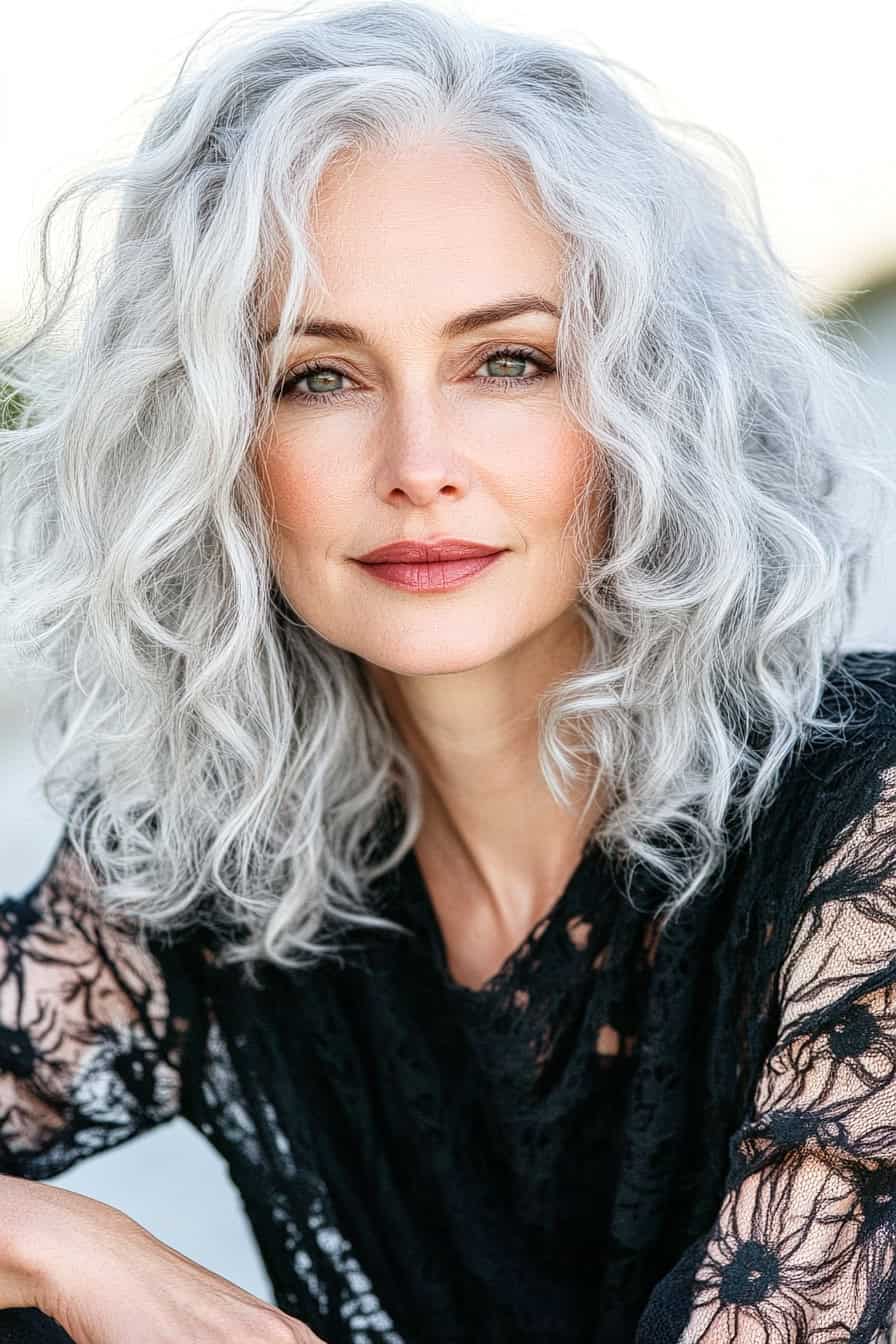 Woman with gray hair and soft curls styled in a layered manner, adding volume and elegance.