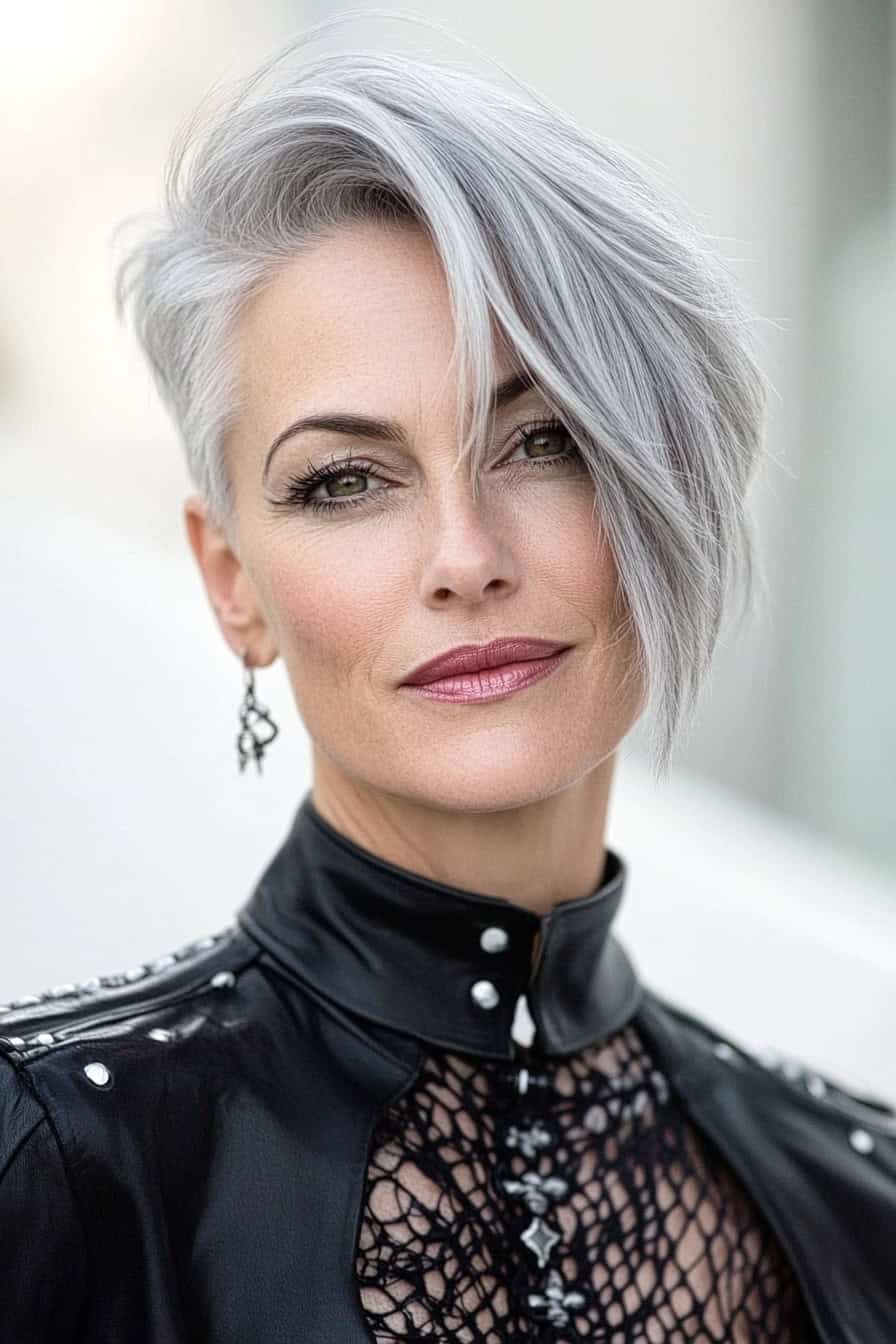 Woman with grey asymmetrical bob showcasing an edgy and modern hairstyle.