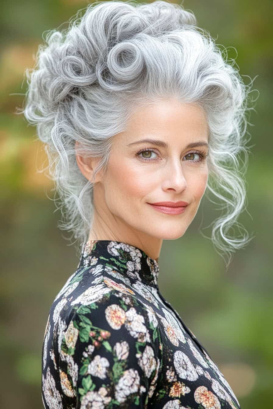 Woman with curly silver hair styled in an elegant updo, perfect for formal and special occasions.