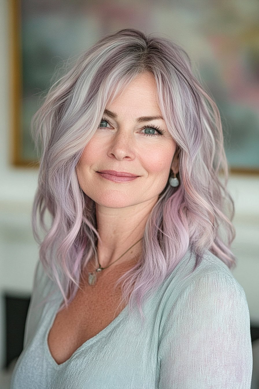 Woman with lavender silver waves styled with pastel highlights, adding a soft and whimsical touch to her hair.