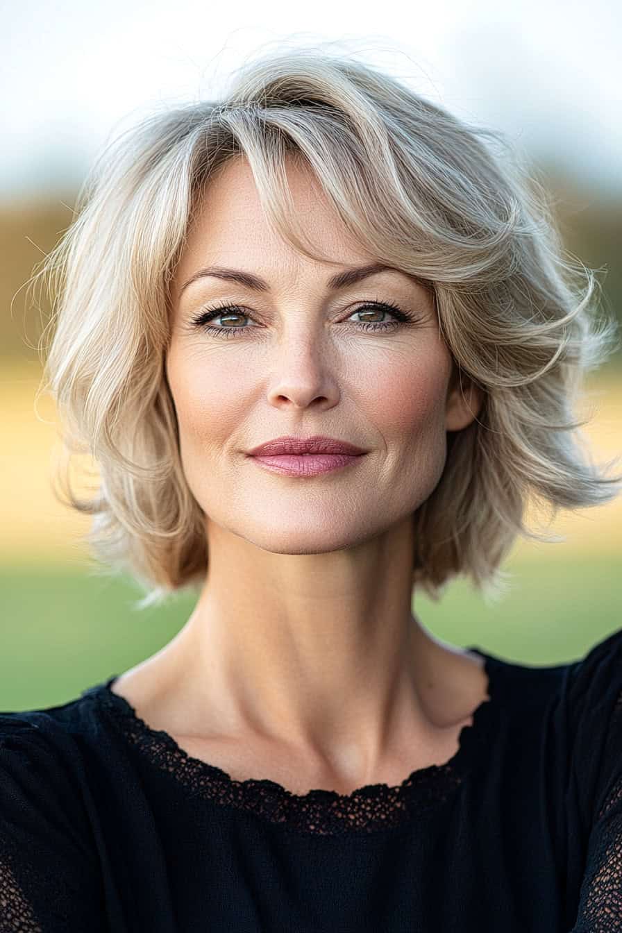 Woman with light blonde wavy hair styled in a flattering short haircut for oval face, adding balance and elegance.