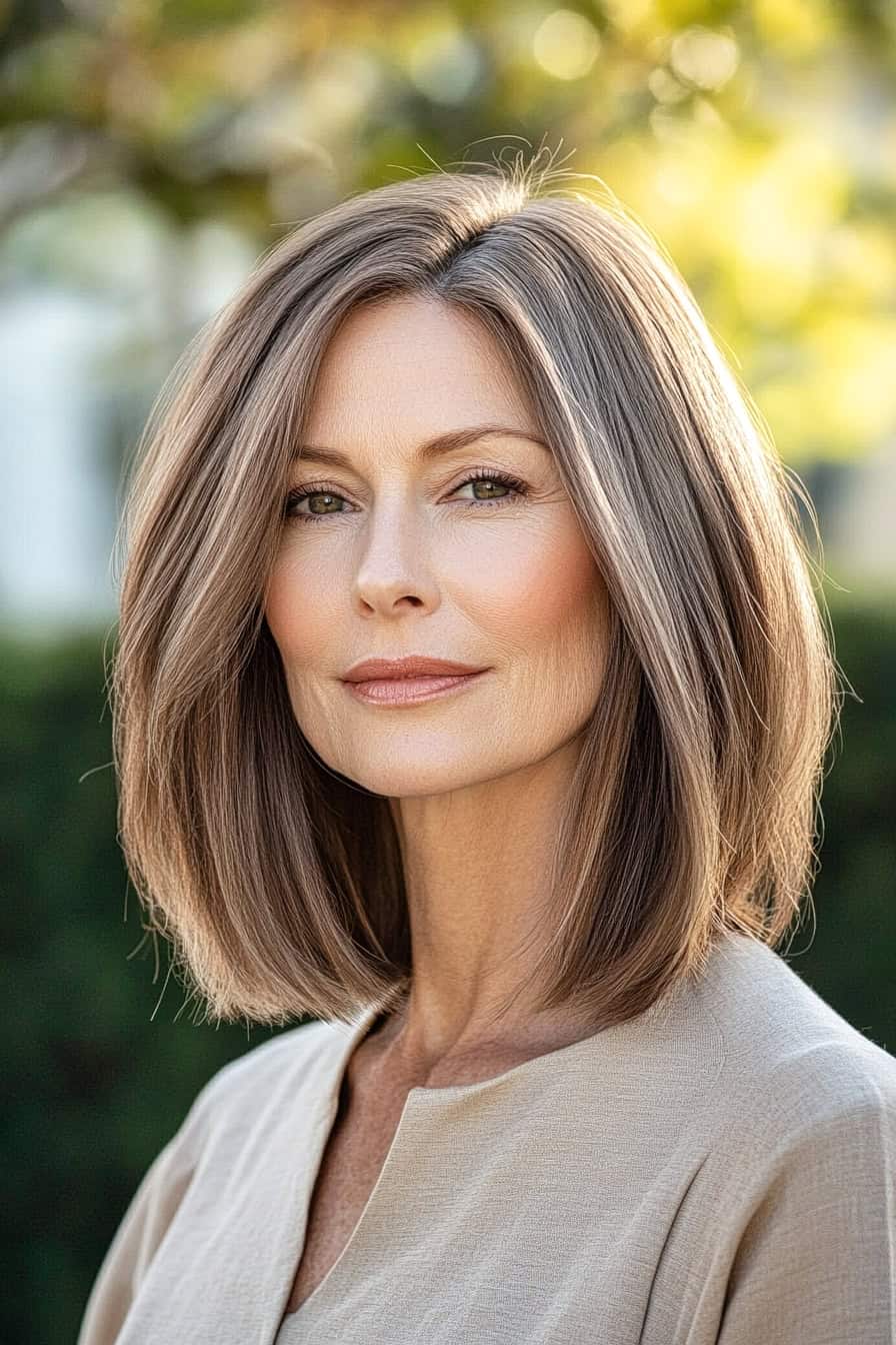 Woman with light brown and blonde highlights styled in a minimalist long bob, offering simplicity and sophistication.