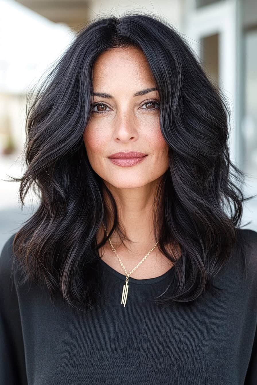 Woman with long black wavy hair styled in easy wash-and-wear waves, adding volume and natural charm.