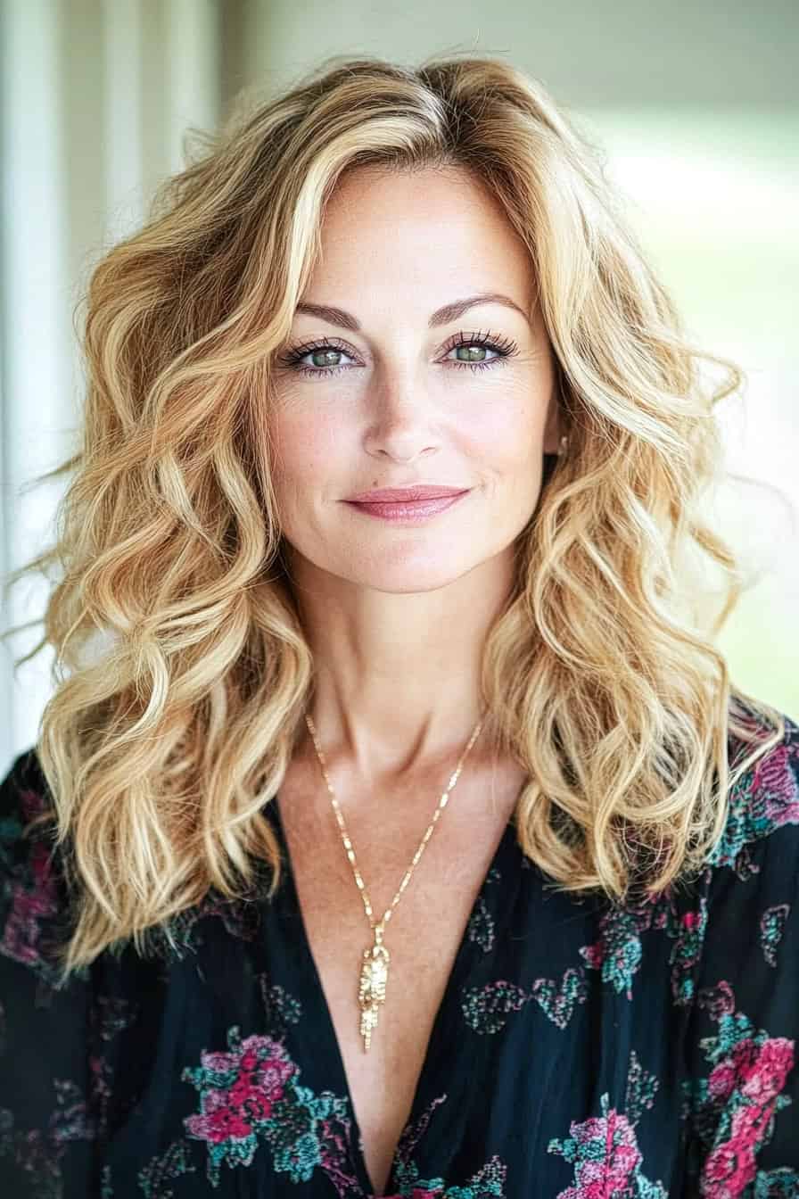 Woman with long blonde wavy hair styled in casual beachy waves, adding volume and a relaxed, chic vibe.