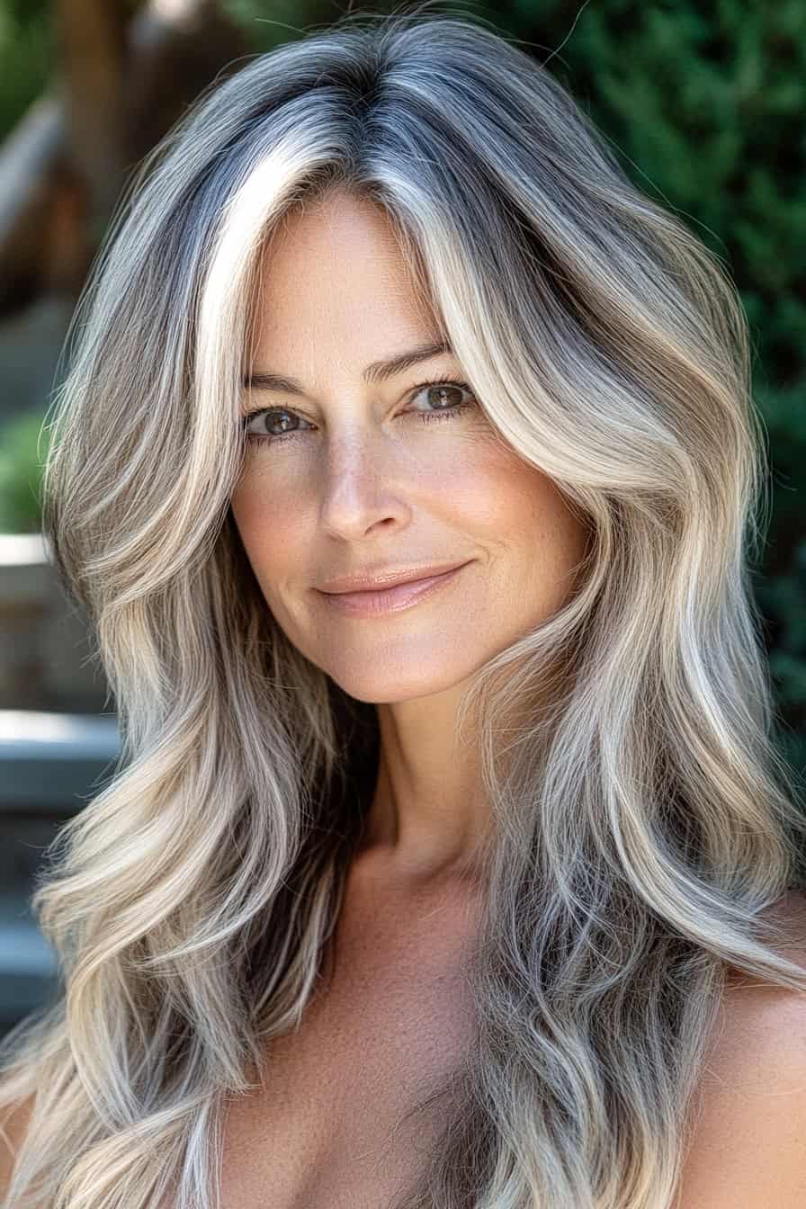 Woman with long brown and blonde hair styled with subtle balayage, adding a sun-kissed and fresh appearance.