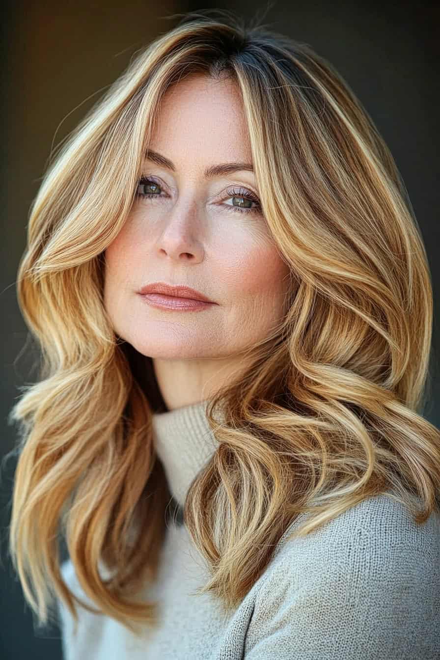 Woman with long golden brown hair featuring ombre with warm caramel ends, adding depth and elegance to her hairstyle.