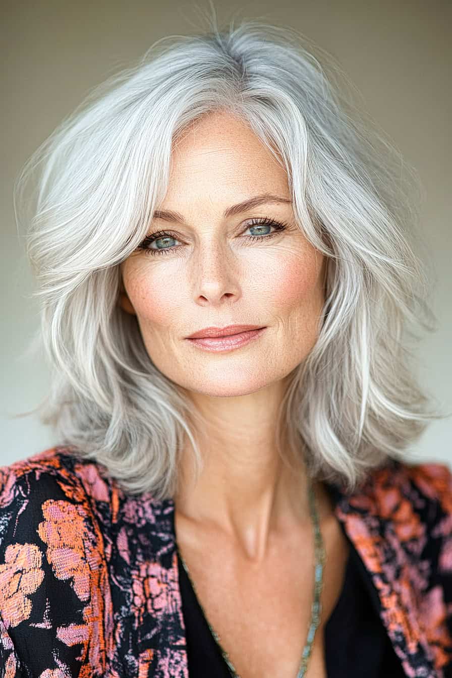 Woman with long gray waves showcasing an elegant layered haircut, highlighting her natural silver strands.