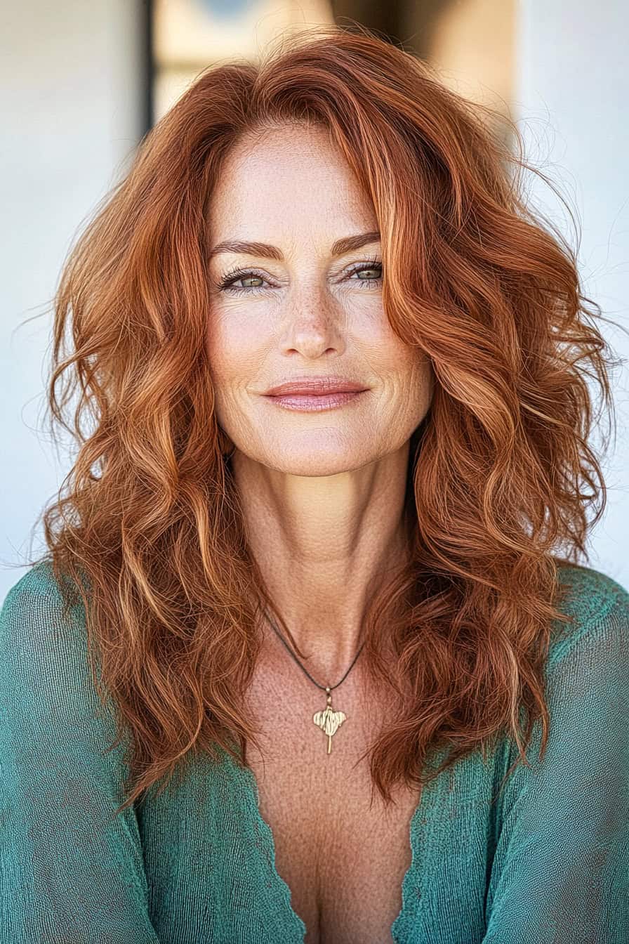 Woman with long red curls in warm golden brown color, exuding timeless elegance and style.