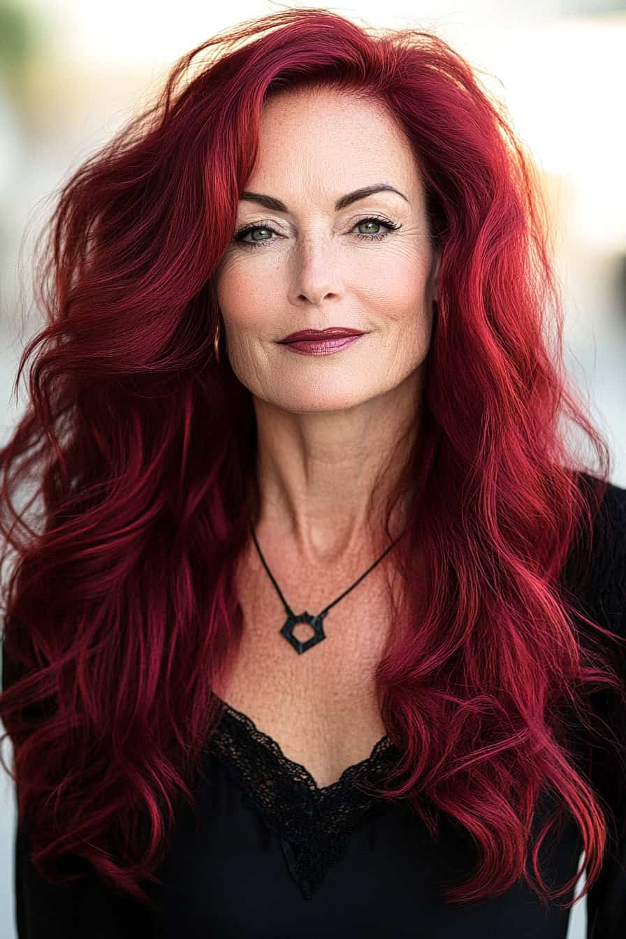 Woman with long red hair in deep burgundy color, showcasing luxurious and rich tones.