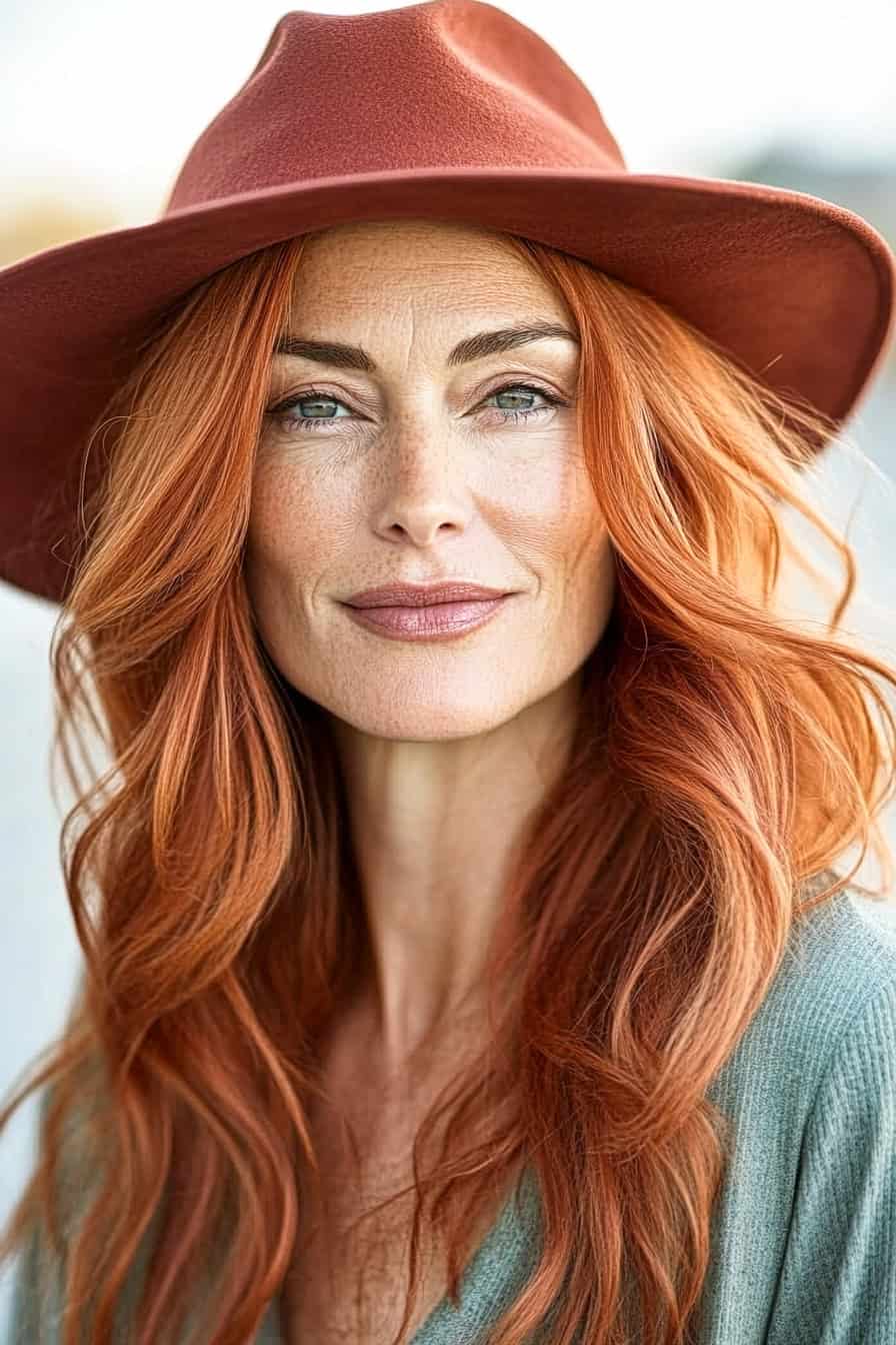 Woman with long red locks wearing a statement hat, adding versatility and stylish flair to her look.