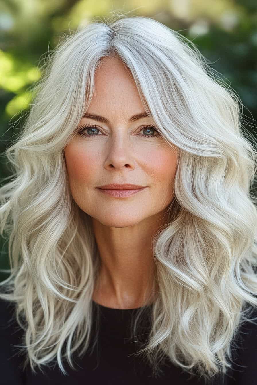 Woman with long silver hair styled in beachy waves, adding volume and a relaxed beach-inspired look.