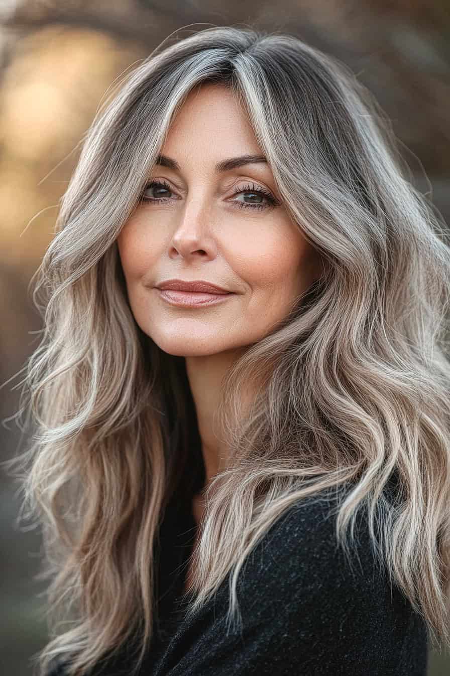 Woman with long wavy hair featuring soft blonde balayage, adding dimension and a fresh glow.