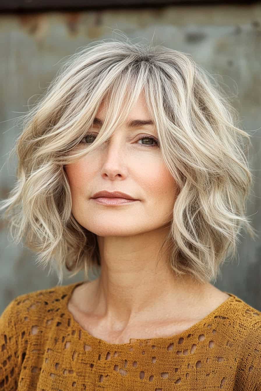 Woman with loose blonde waves styled in a modern shaggy bob, adding a playful and casual vibe.