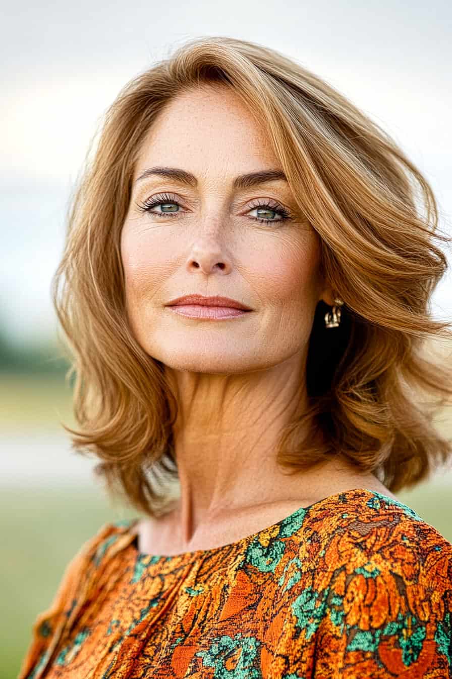 Woman with loose brown waves styled in a refined shoulder-length cut with a side part, adding structure and sophistication.