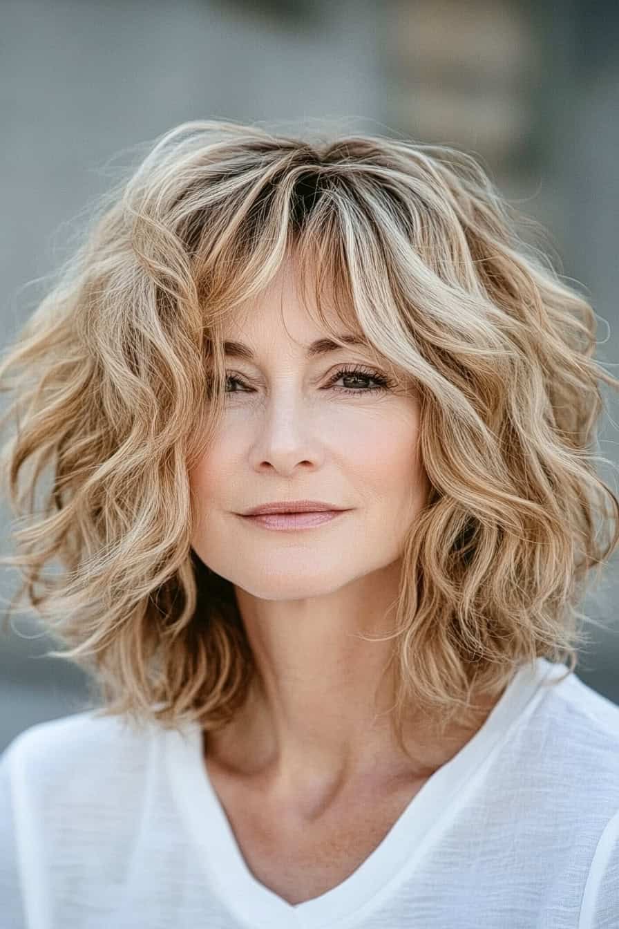 Woman with loose curls hair styled in a curly layered bob, enhancing natural texture and volume.