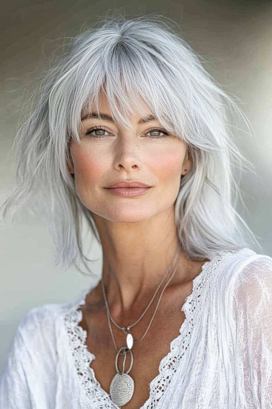 Woman with loose gray locks featuring textured bangs, adding volume and dimension to her hairstyle.