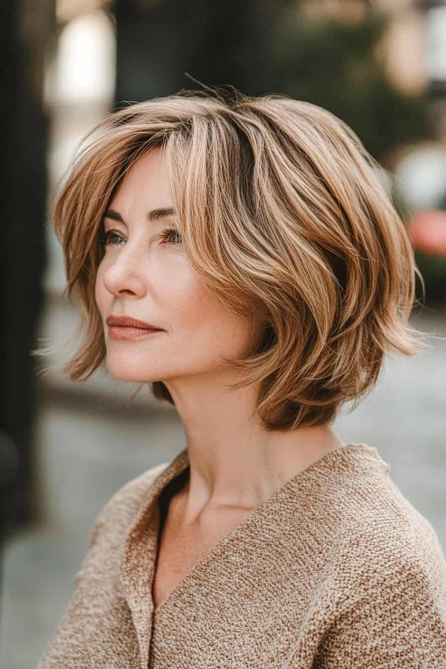 Woman with loose wavy hair styled in a casual textured layered bob, adding depth and a relaxed vibe.