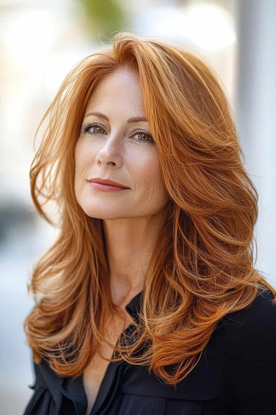 Woman with lush auburn waves styled in graceful layers, adding movement and an elegant cascade effect.