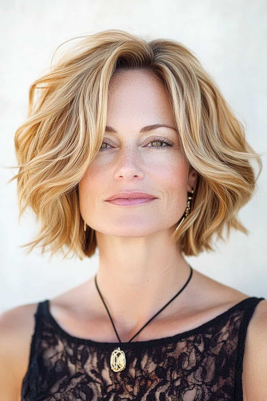 Woman with medium blonde waves hair styled in an effortless layered bob with textured ends, adding dimension and modern flair.