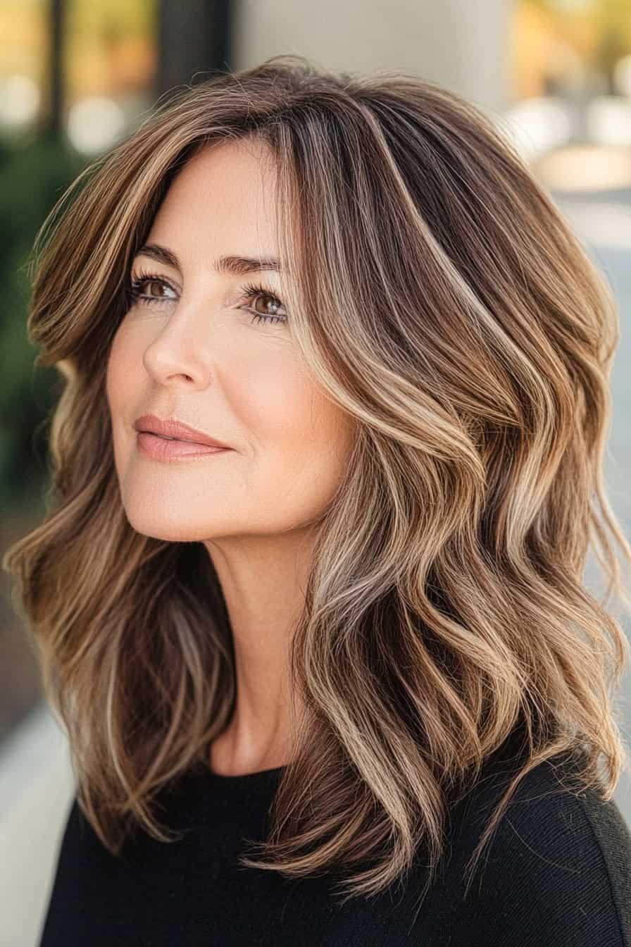 Woman with multi-dimensional hair featuring soft balayage with subtle highlights, adding texture and natural light.