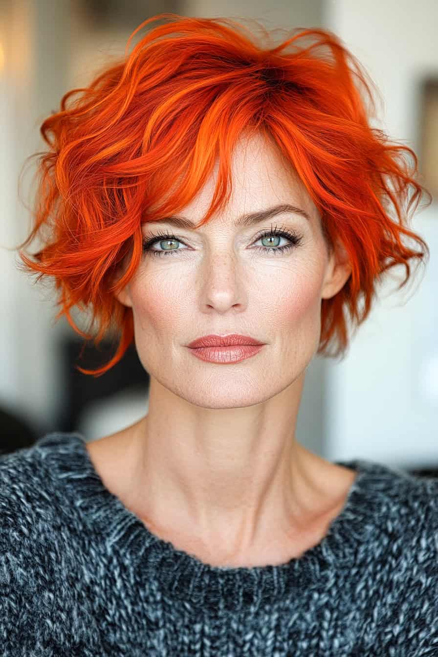 Woman with orange curly bob haircut in fiery red color, radiating confidence and style.