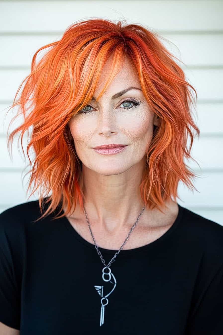 Woman with orange layered bob hairstyle styled in a choppy layered bob, adding a rocker-inspired edgy look.