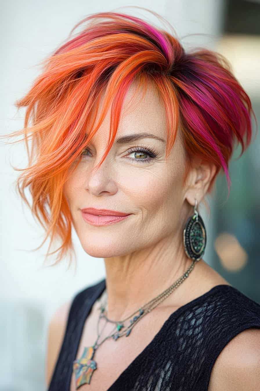 Woman with orange and pink bob haircut styled in an edgy asymmetrical layered bob with bold colors, adding striking flair.