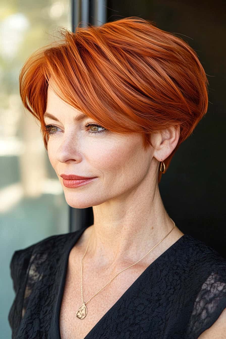 Woman with orange short hairstyle styled in a simple tucked-in short cut, offering a neat and versatile look.