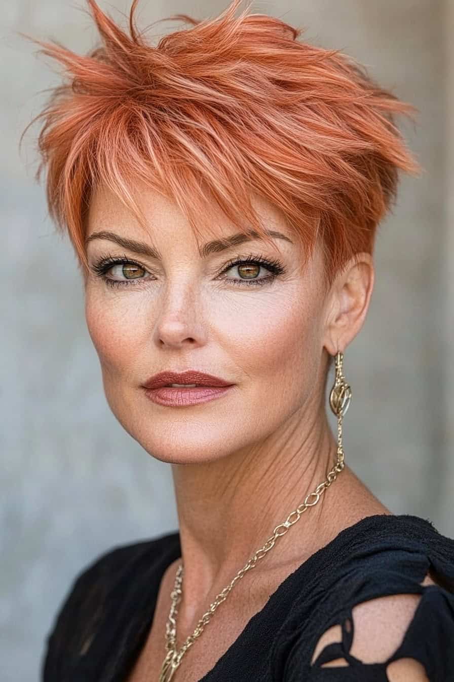 Woman with orange spiky haircut styled in a textured pixie cut, adding boldness and easy manageability.