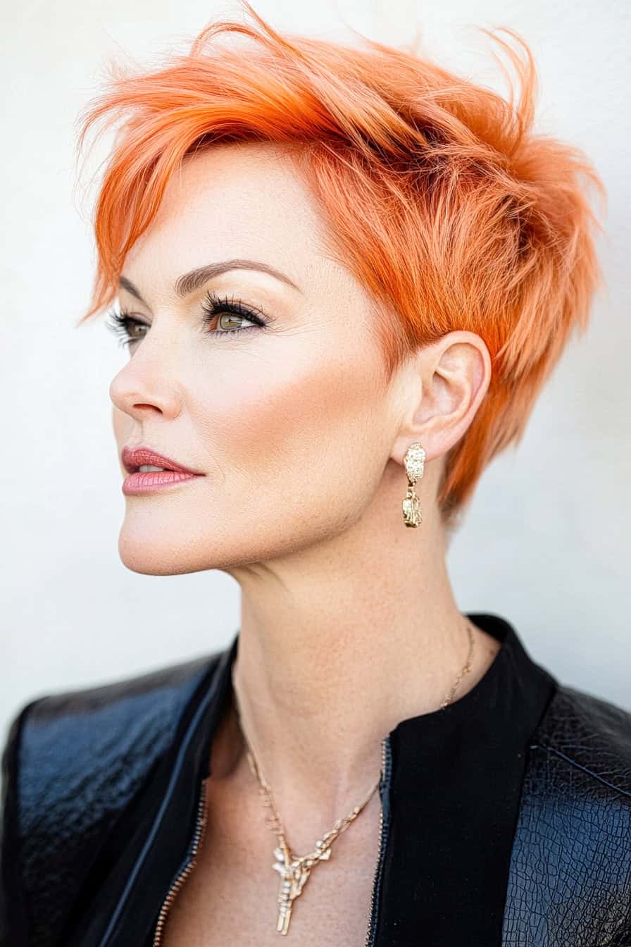 Woman with orange tousled hair styled in a short haircut, using styling products to enhance texture and volume.