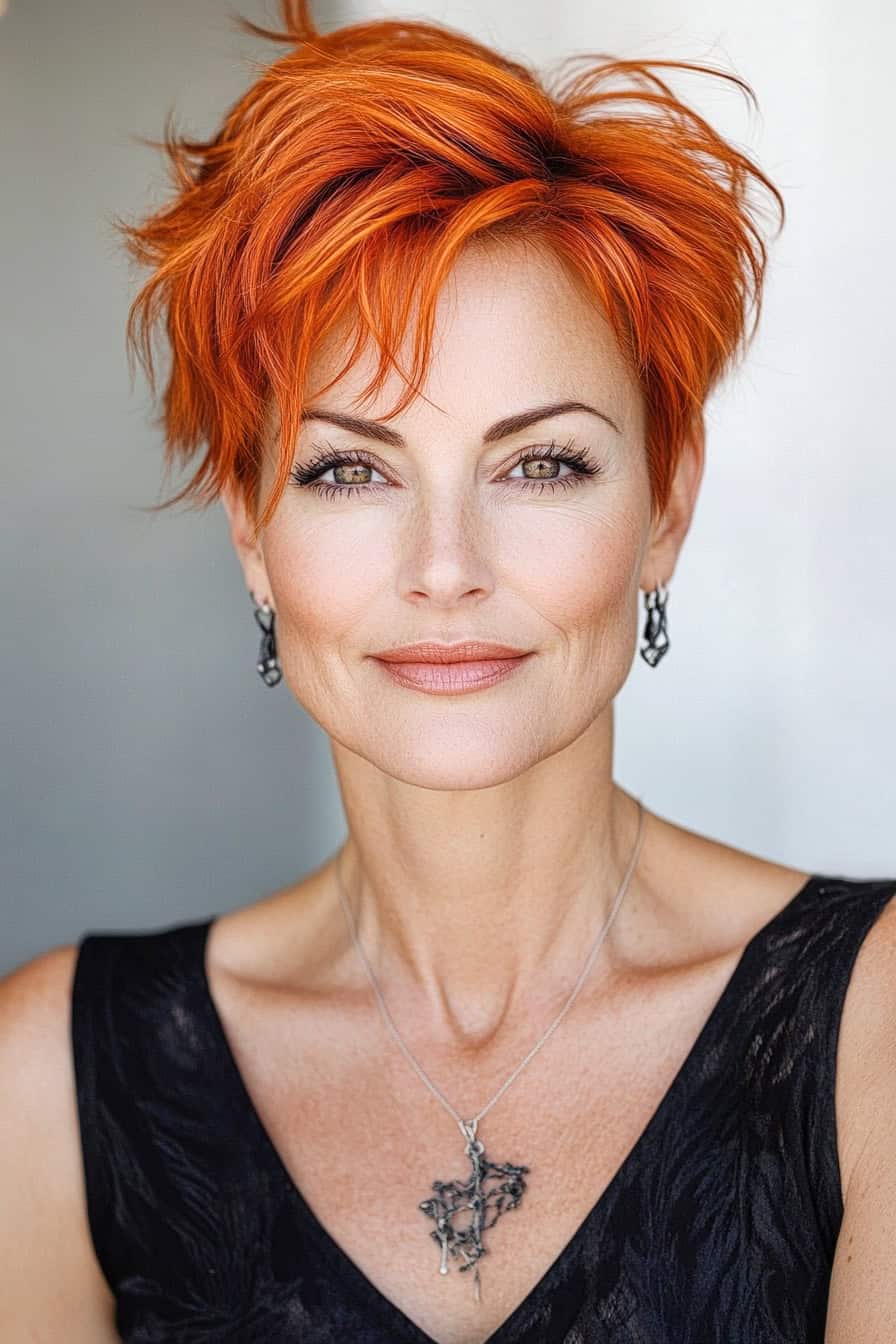 Woman with orange tousled hairstyle styled in a stylish textured pixie cut, adding volume and highlighting cheekbones.