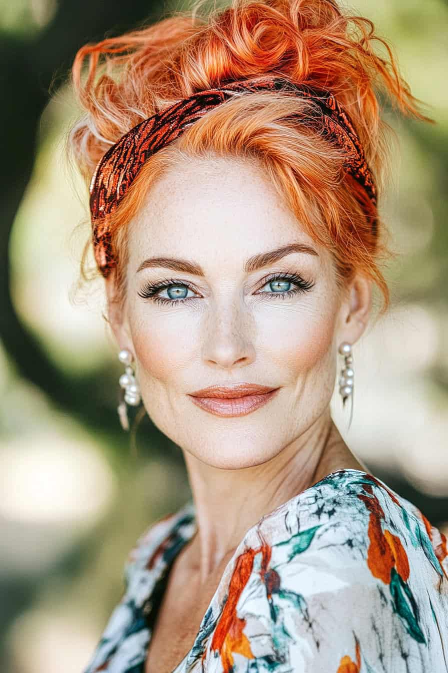 Woman with orange updo hairstyle styled with a stylish headband, adding a trendy and elegant touch.