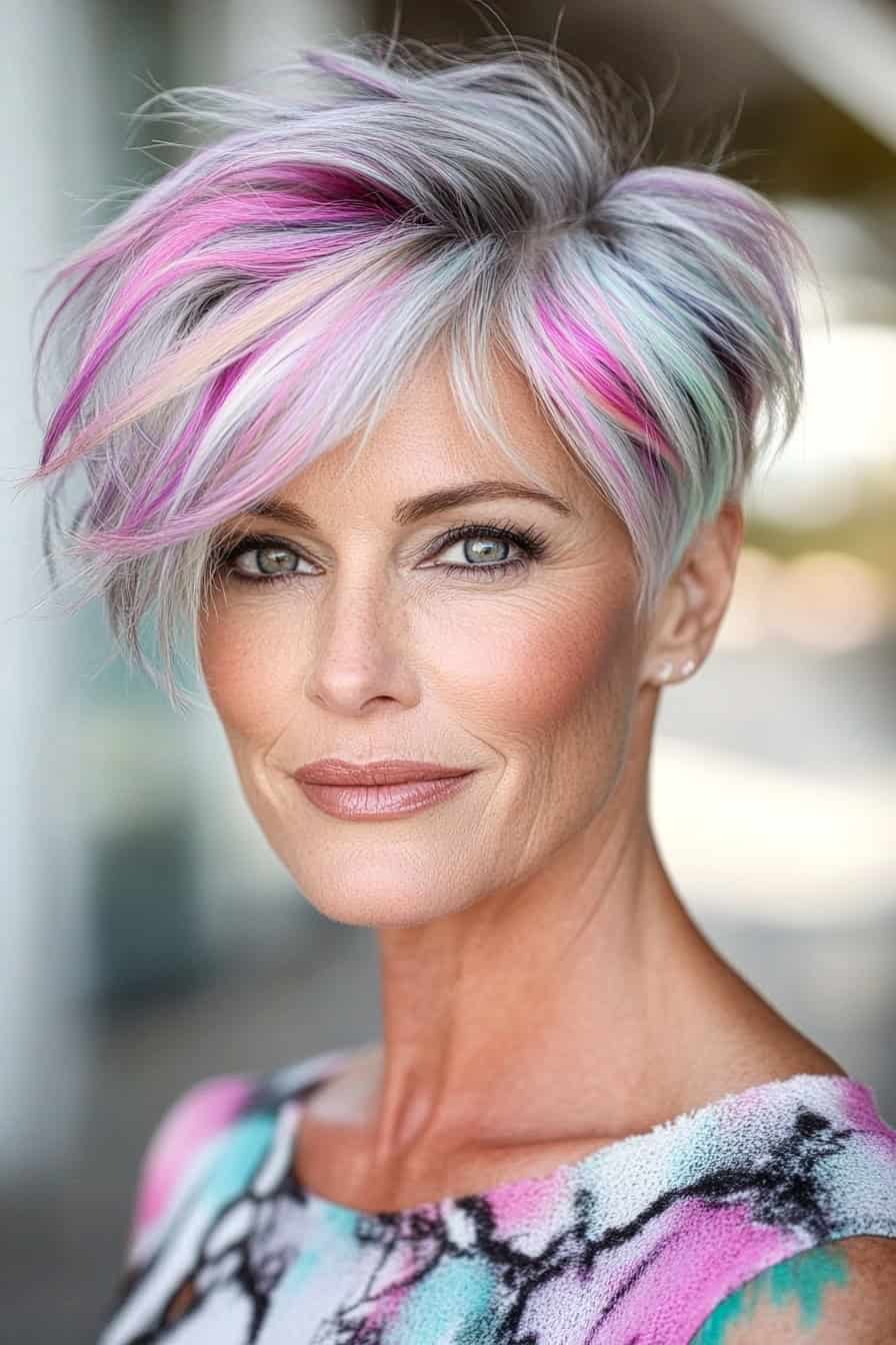 Striking woman with vibrant silver-gray hair, confident expression, and fashionable pastel top.