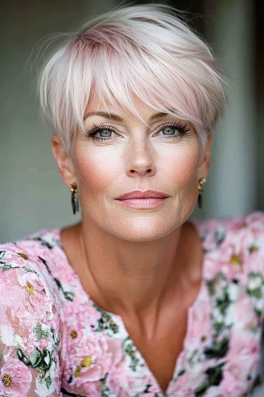 Woman with pastel pink and platinum hair styled in short hair with best color strategies, adding brightness and freshness.