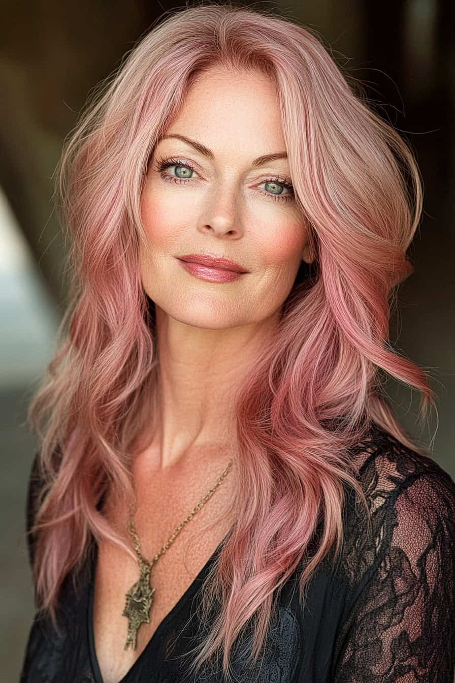 Woman with pastel pink wavy hair styled in dusty rose color, adding a natural and whimsical touch to her look.