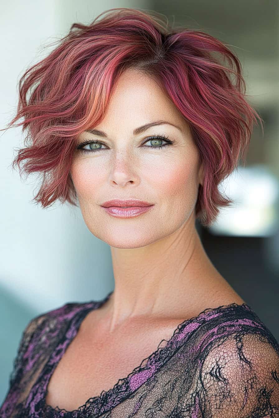 Woman with pink and auburn hair styled in casual beachy waves on short hair, adding a vibrant and relaxed look.