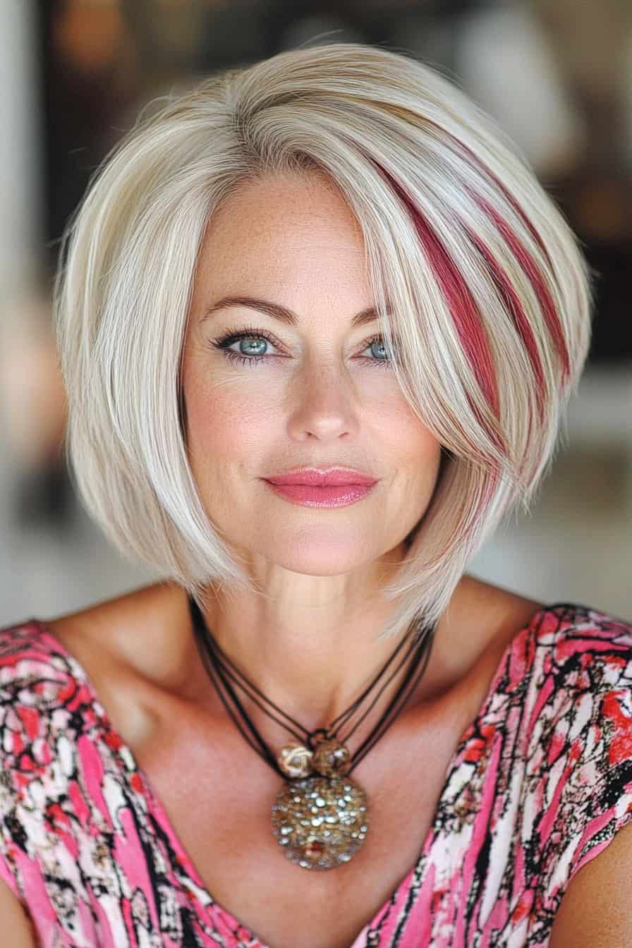 Stylish woman with platinum bob, captivating blue eyes, vibrant dress, and elegant accessories.