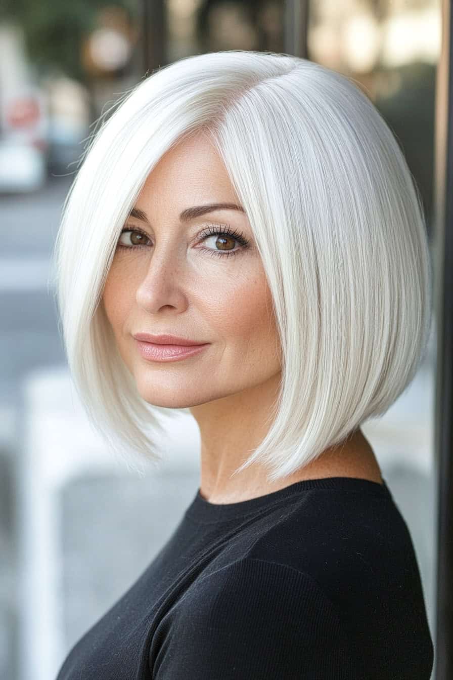 Woman with platinum blonde bob styled in a red-carpet ready layered bob, offering a high-glam finish.