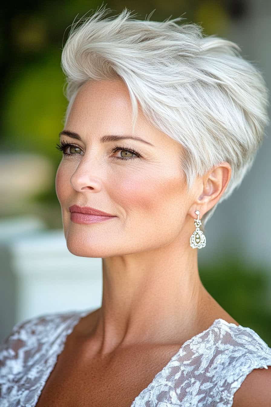 Woman with platinum blonde hair styled in a short haircut, showcasing proper care and maintenance for short styles.