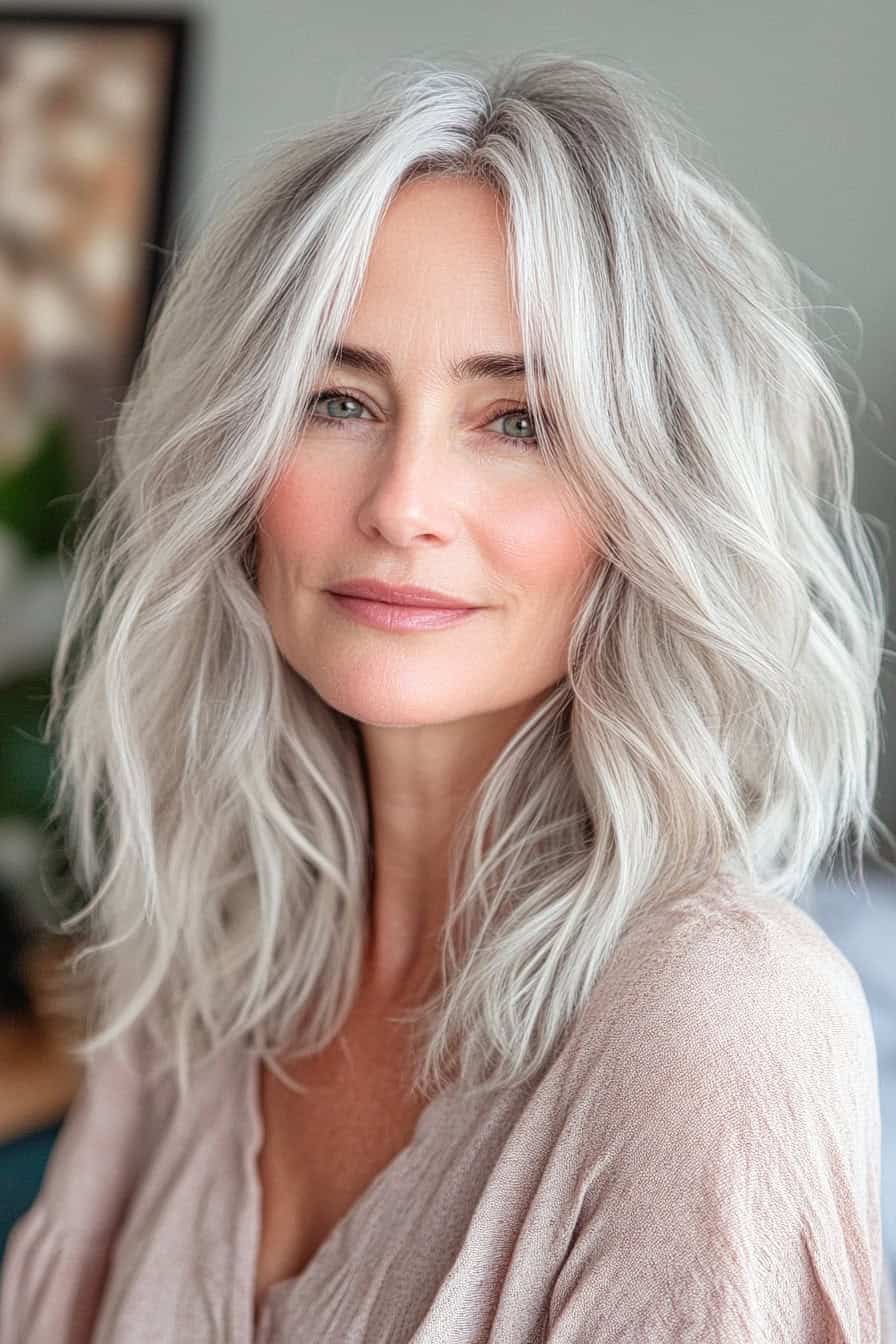 Woman with platinum blonde waves styled in messy waves with added volume, creating a fun and voluminous look.